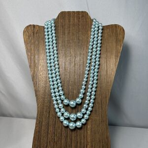 Vintage Blue Faux Graduated Pearl Three Strand Necklace With Box Clasp Japan